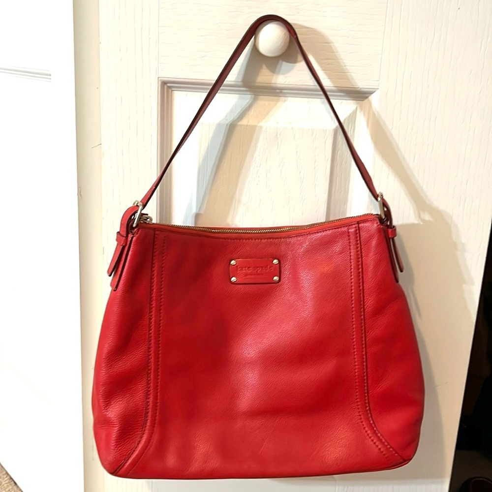 Kate Spade Red Pebbled Leather Shoulder Tote Bag, Zippered